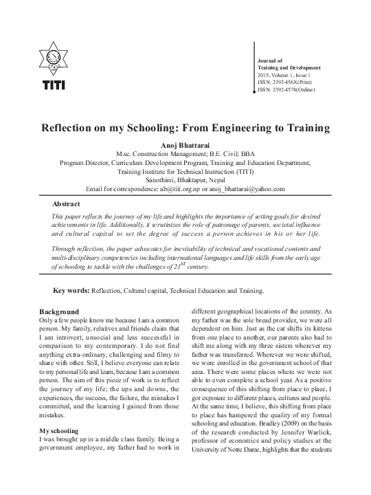 (PDF) Reflection on my Schooling: From Engineering to Training