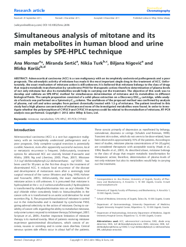 (PDF) Simultaneous analysis of mitotane and its main metabolites in ...