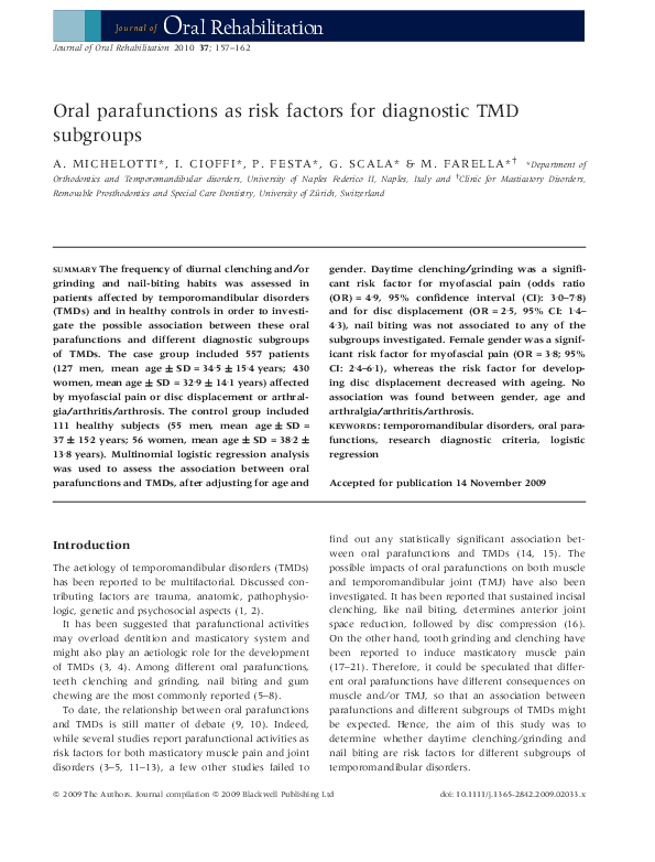 (PDF) Oral parafunctions as risk factors for diagnostic TMD subgroups