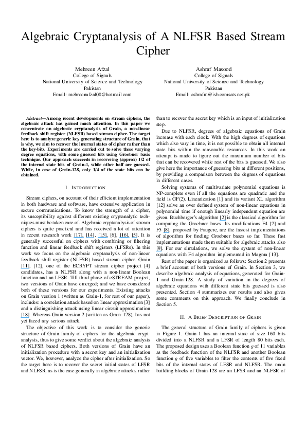 (PDF) Algebraic Cryptanalysis of A NLFSR Based Stream Cipher