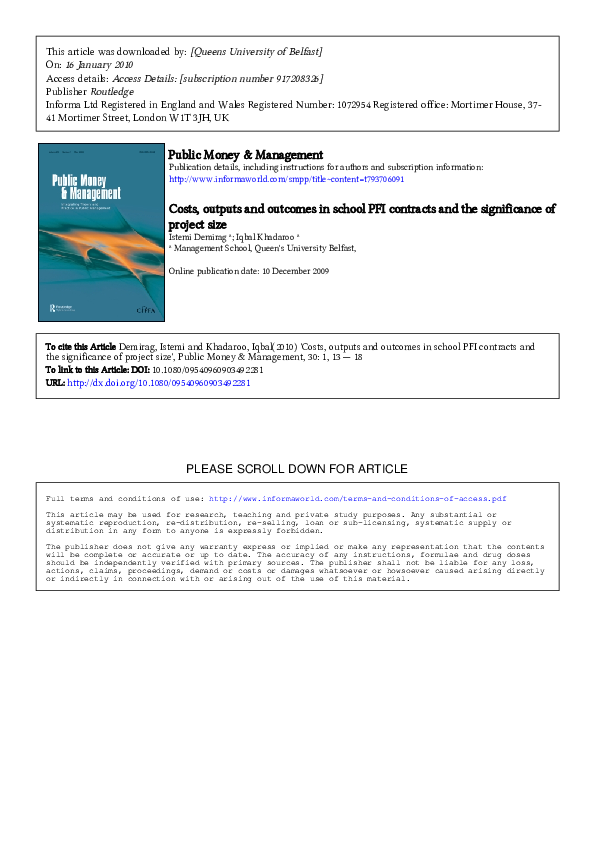  PDF Costs Outputs And Outcomes In School PFI Contracts And The