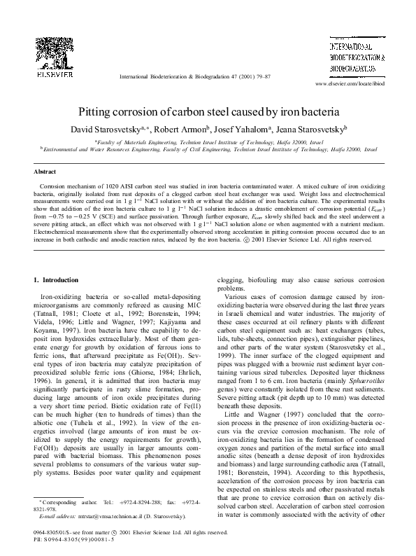 (PDF) Pitting corrosion of carbon steel caused by iron bacteria