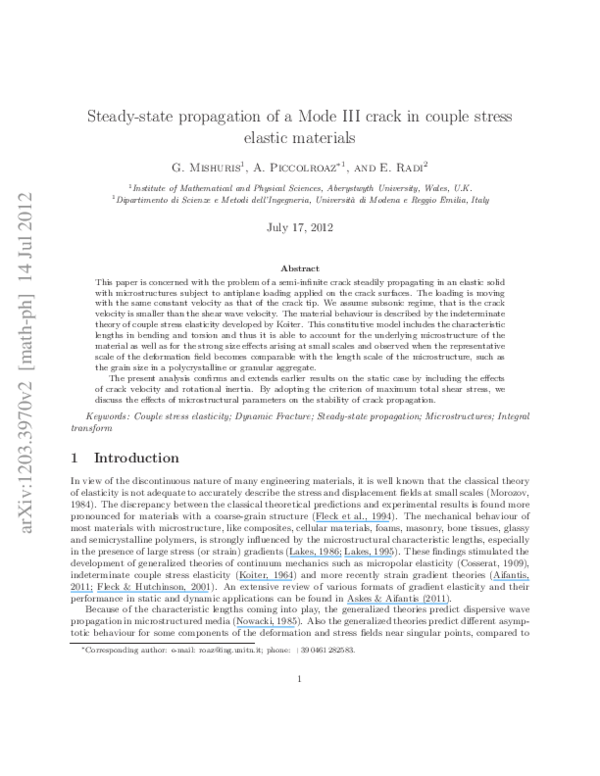 (PDF) Steady-state propagation of a Mode III crack in couple stress ...
