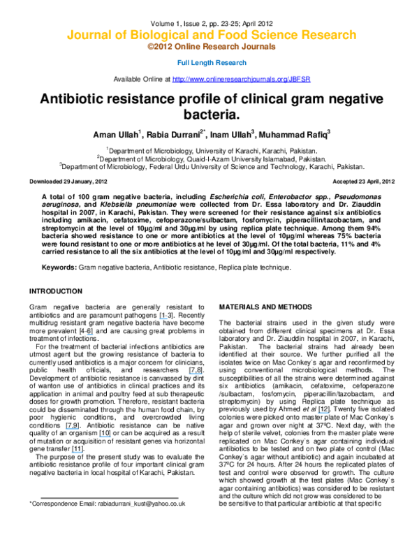 (PDF) Antibiotic resistance profile of clinical gram negative bacteria