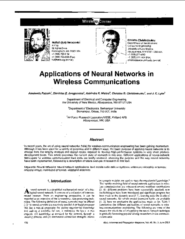 (PDF) Applicqtions of Neural Networks in Wireless Communications