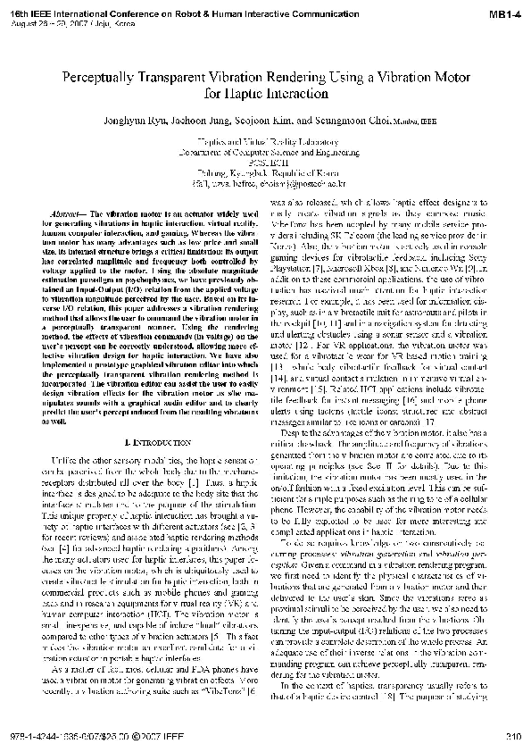 (PDF) Perceptually Transparent Vibration Rendering Using a Vibration ...