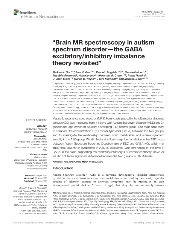 (PDF) “Brain MR spectroscopy in autism spectrum disorder—the GABA excitatory/inhibitory