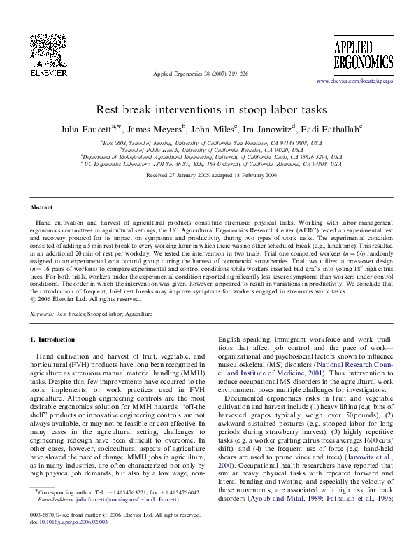 (PDF) Rest break interventions in stoop labor tasks