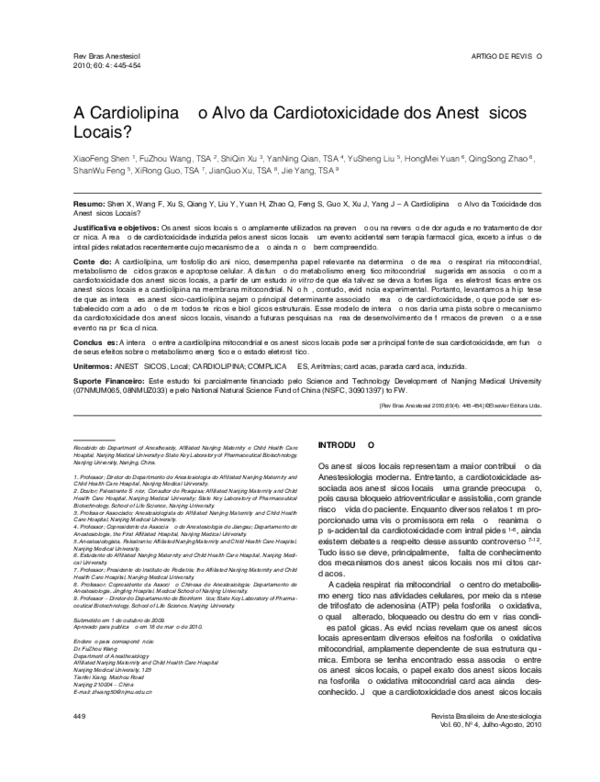 (PDF) Is Cardiolipin the Target of Local Anesthetic Cardiotoxicity FUZHOU WANG Academia.edu