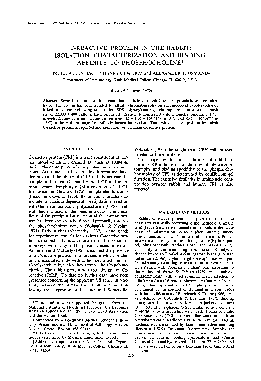 (PDF) C-reactive protein in the rabbit: Isolation, characterization and ...