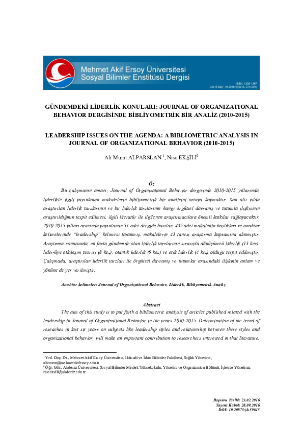 (PDF) GÜNDEMDEKİ LİDERLİK KONULARI: JOURNAL OF ORGANIZATIONAL BEHAVIOR