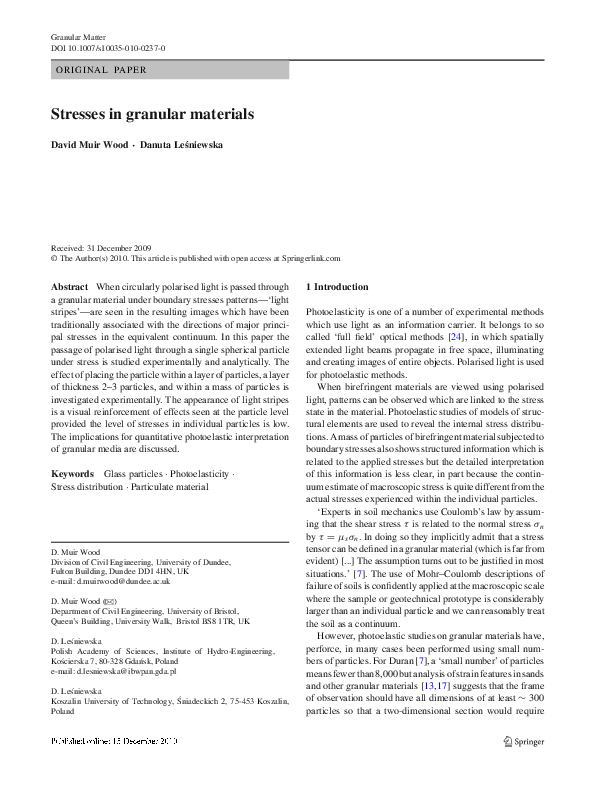 (PDF) Stresses in granular materials David Muir Wood and D