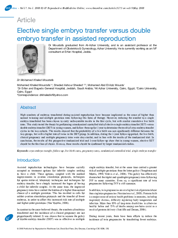 (PDF) Elective single embryo transfer versus double embryo transfer in ...