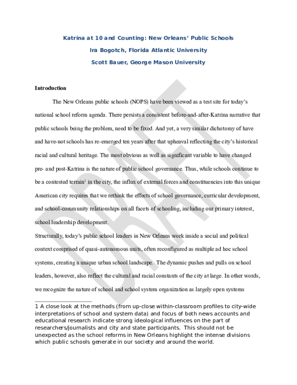 Katrina at 10 and Counting: Leadership Development in New Orleans - a draft/working copy