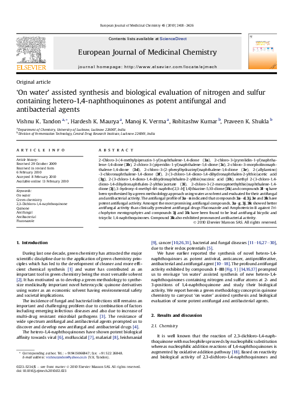 (PDF) On water’ assisted synthesis and biological evaluation of ...