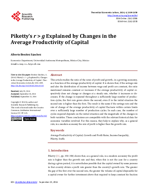 (PDF) Piketty's r > g Explained by Changes in the Average Productivity ...