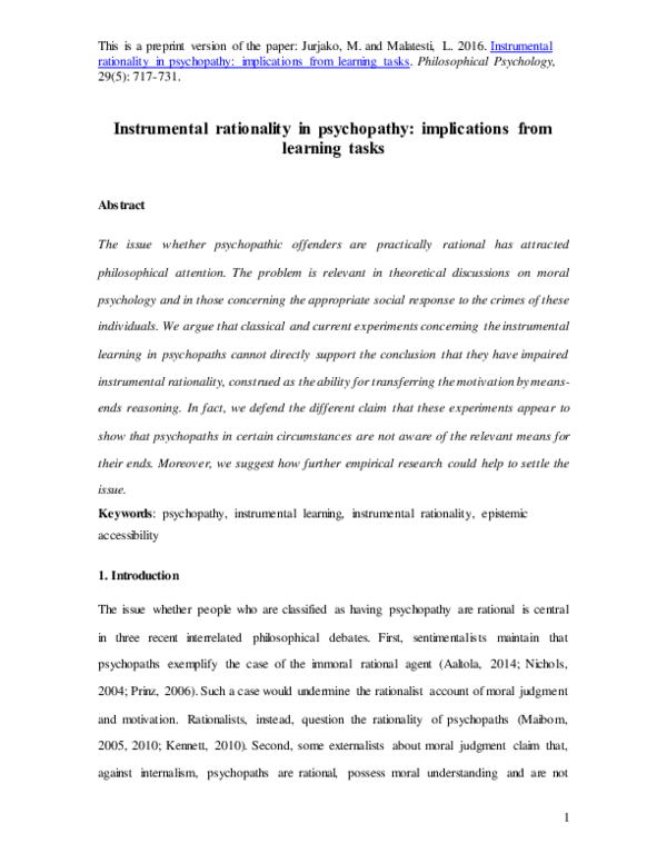 (PDF) Instrumental rationality in psychopathy implications from