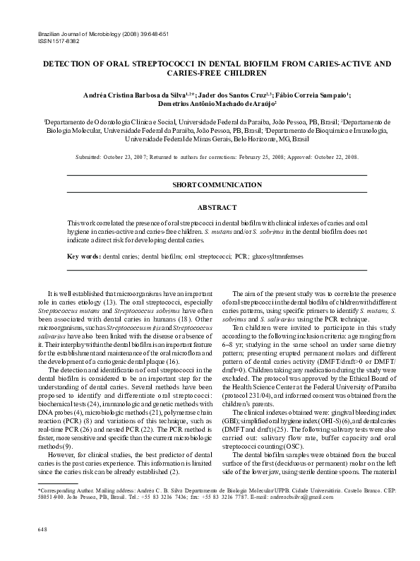 (PDF) Detection of oral streptococci in dental biofilm from caries ...