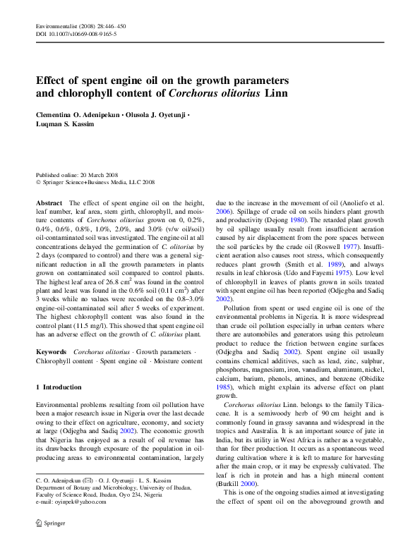 (PDF) Effect of spent engine oil on the growth parameters and ...