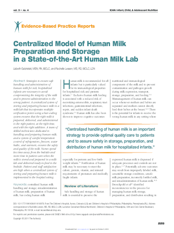 (PDF) Centralized Model of Human Milk Preparation and Storage in a ...