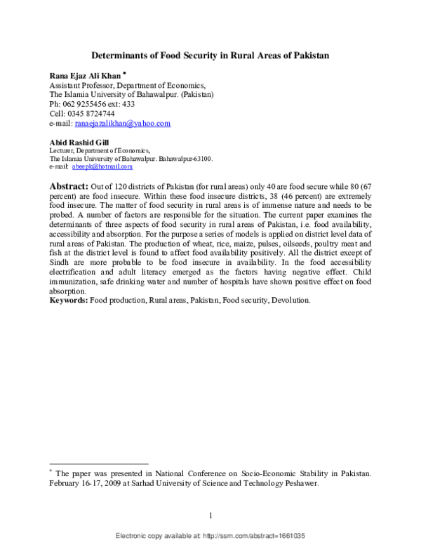 (PDF) Determinants of food security in rural areas of Pakistan