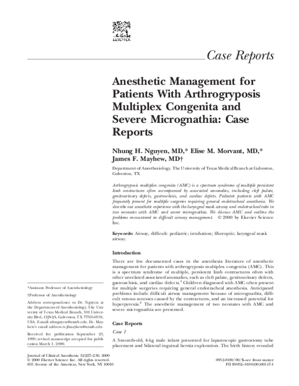(PDF) Anesthetic management for patients with arthrogryposis multiplex