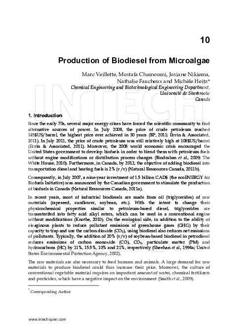(PDF) Production of Biodiesel from Microalgae