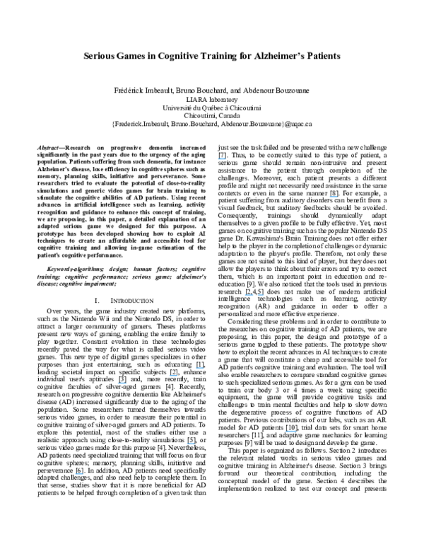 (PDF) Serious games in cognitive training for Alzheimer's patients