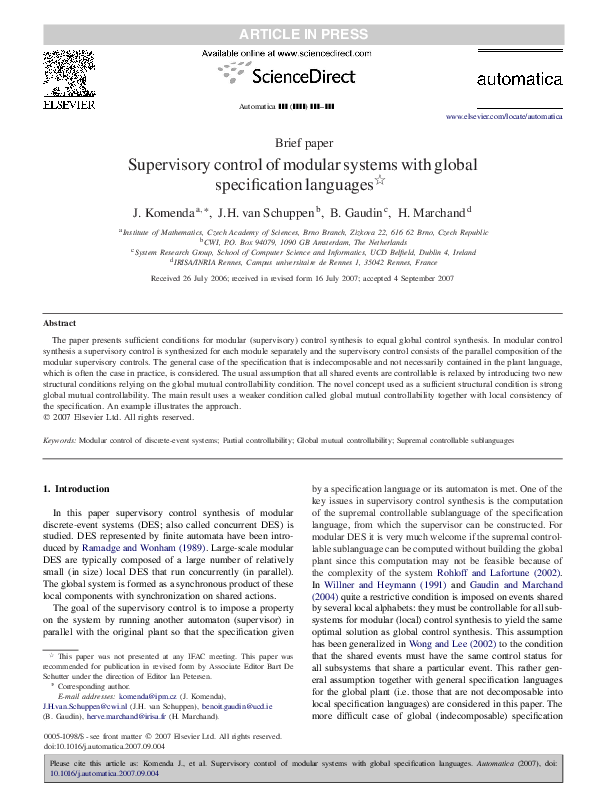 (PDF) Brief paper Supervisory control of modular systems with global ...
