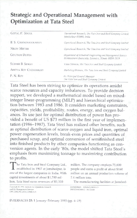 (PDF) Strategic and Operational Management with Optimization at Tata Steel
