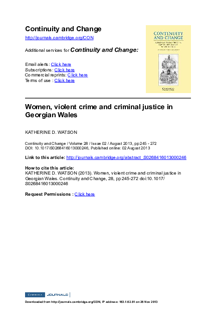 Women, violent crime and criminal justice in Georgian Wales