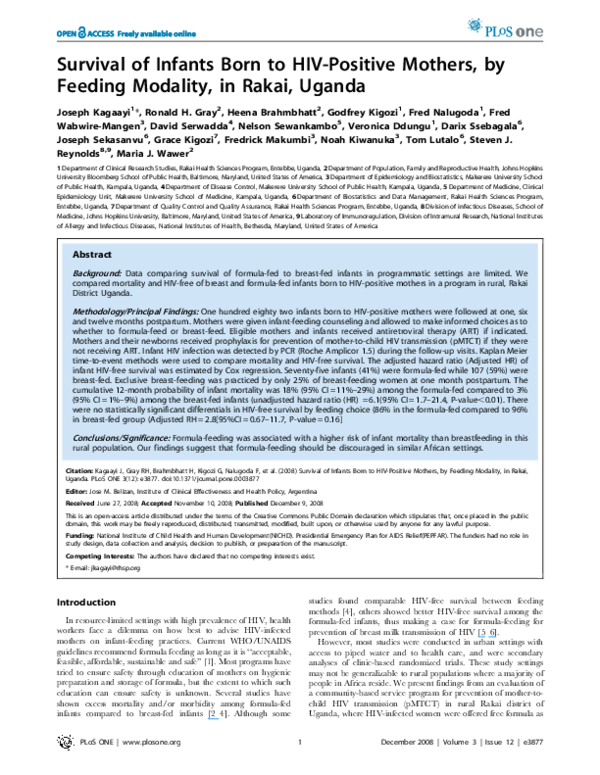 (PDF) Survival of Infants Born to HIVPositive Mothers, by Feeding
