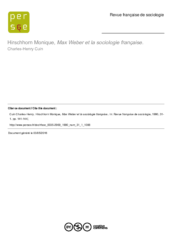 (PDF) Hirschhorn (Monique). Max Weber et la sociologie