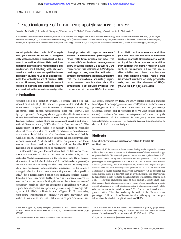 (PDF) The replication rate of human hematopoietic stem cells in vivo