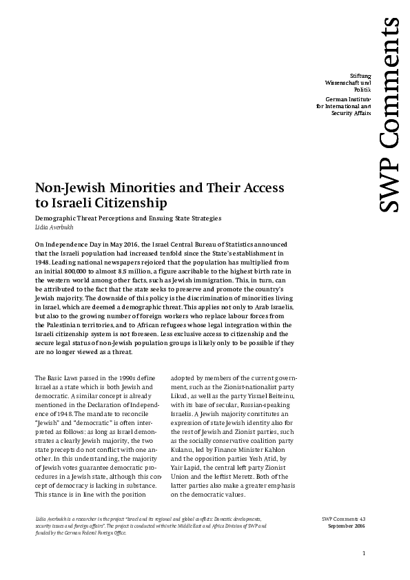 Non-Jewish Minorities and Their Access to Israeli Citizenship. Demographic Threat Perceptions and Ensuing State Strategies
