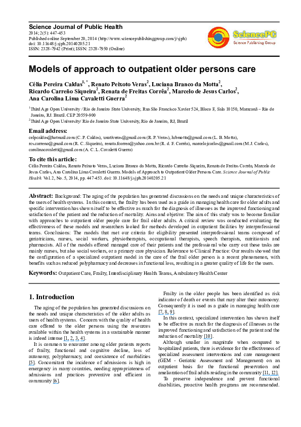 (PDF) Models of Approach to Outpatient Older Persons Care