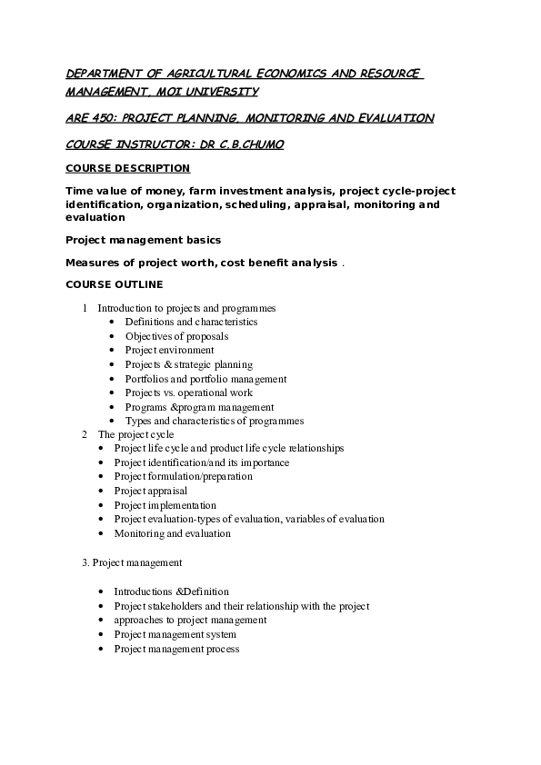 course outline for project planning and management