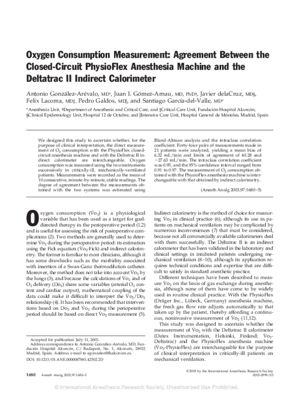(PDF) Oxygen Consumption Measurement: Agreement Between the Closed ...