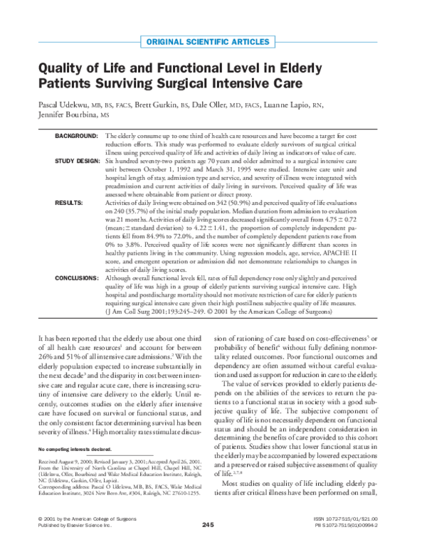 (PDF) Quality of life and functional level in elderly patients