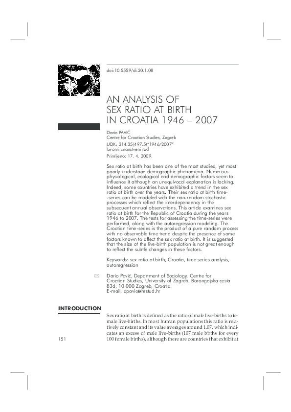 (PDF) AN ANALYSIS OF SEX RATIO AT BIRTH IN CROATIA 1946 2007