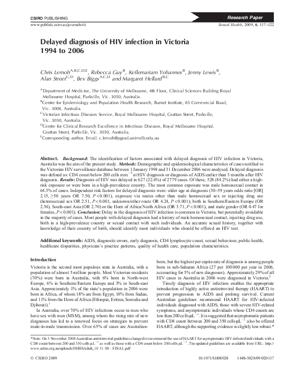 (PDF) Delayed diagnosis of HIV infection in Victoria 1994 to 2006