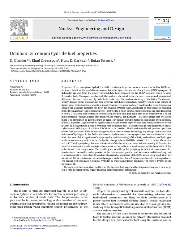 (PDF) Uraniumzirconium hydride fuel properties Bojan Petrovic
