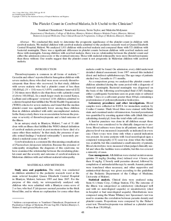 (PDF) The Platelet Count in Cerebral Malaria, Is It Useful to the