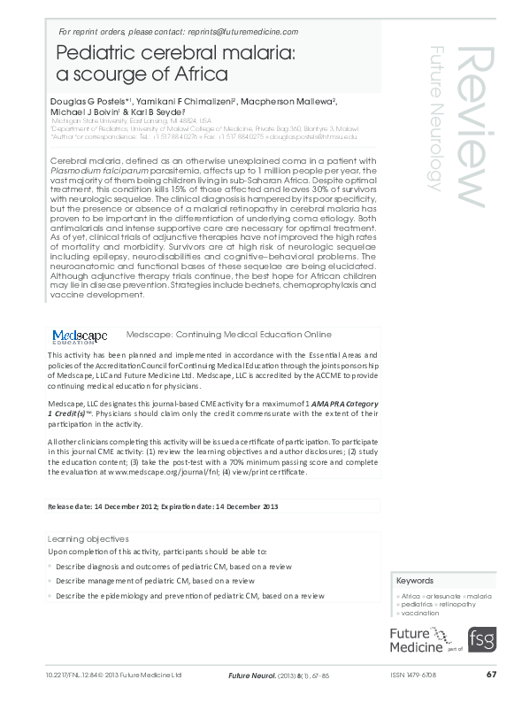 (PDF) Pediatric cerebral malaria a scourge of Africa Yamikani