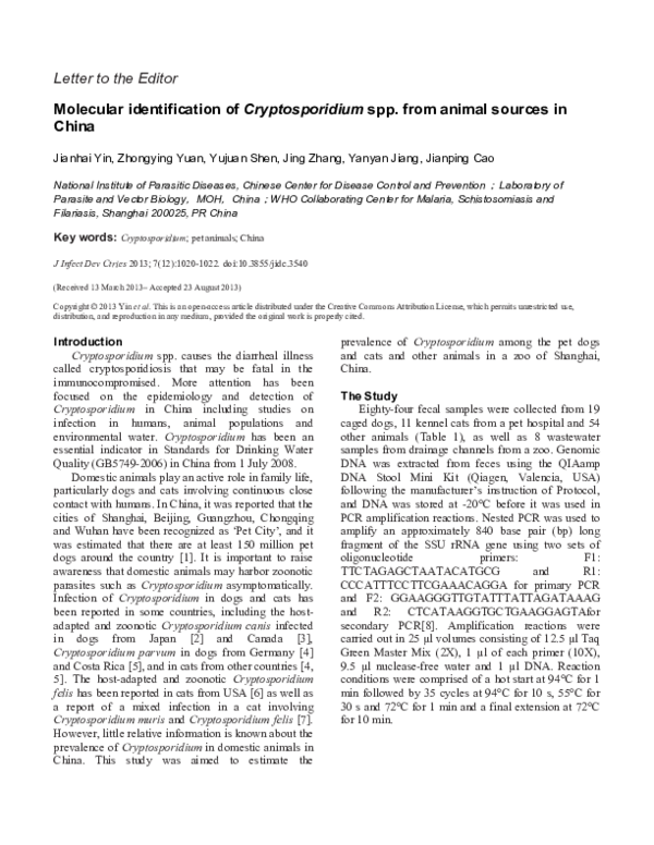 (PDF) Molecular identification of Cryptosporidium spp. from fecal ...