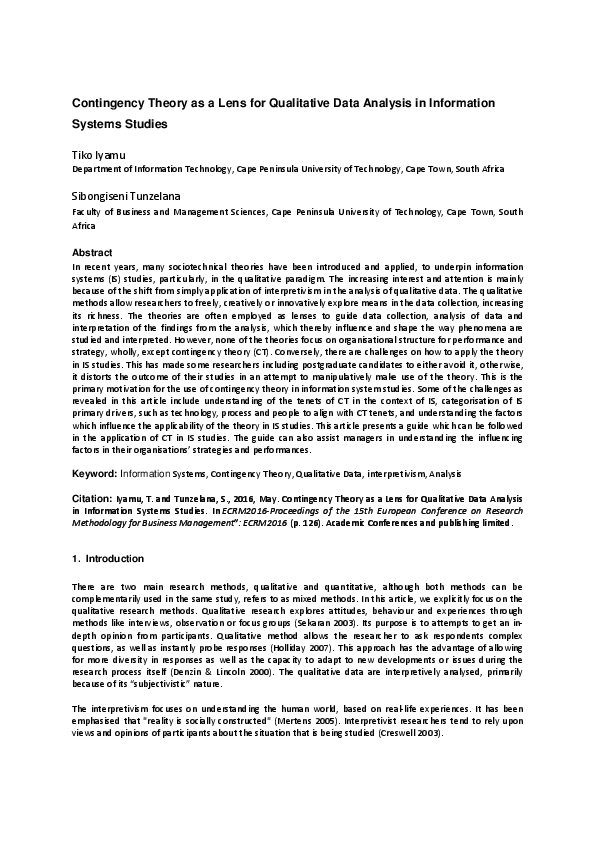 (PDF) Contingency Theory as a Lens for Qualitative Data Analysis in ...