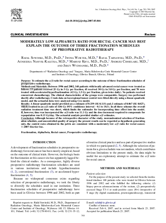 (PDF) Moderately Low Alpha/Beta Ratio for Rectal Cancer May Best