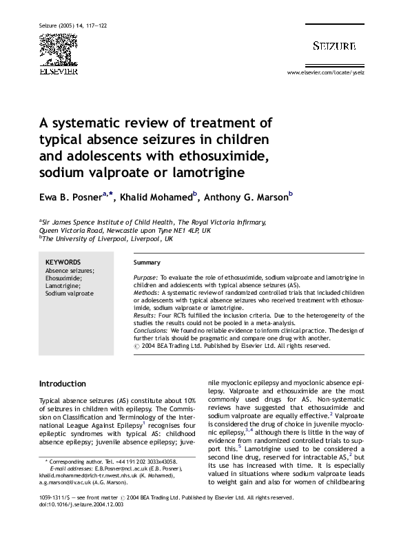 (PDF) A systematic review of treatment of typical absence seizures in