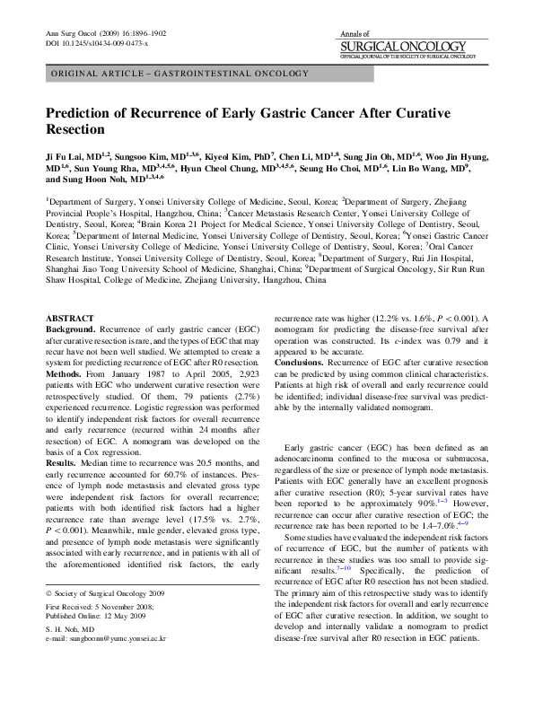(PDF) Prediction of Recurrence of Early Gastric Cancer After Curative ...
