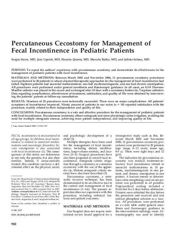 (PDF) Percutaneous Cecostomy for Management of Fecal Incontinence in